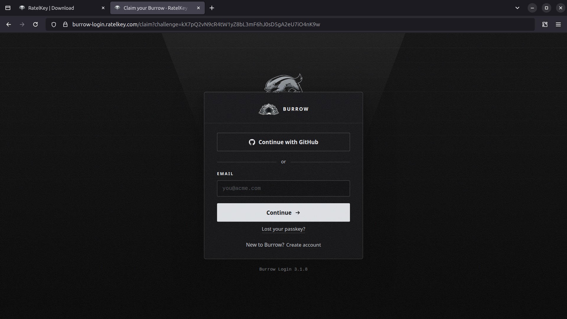 RatelKey's sign-in, with GitHub on offer.