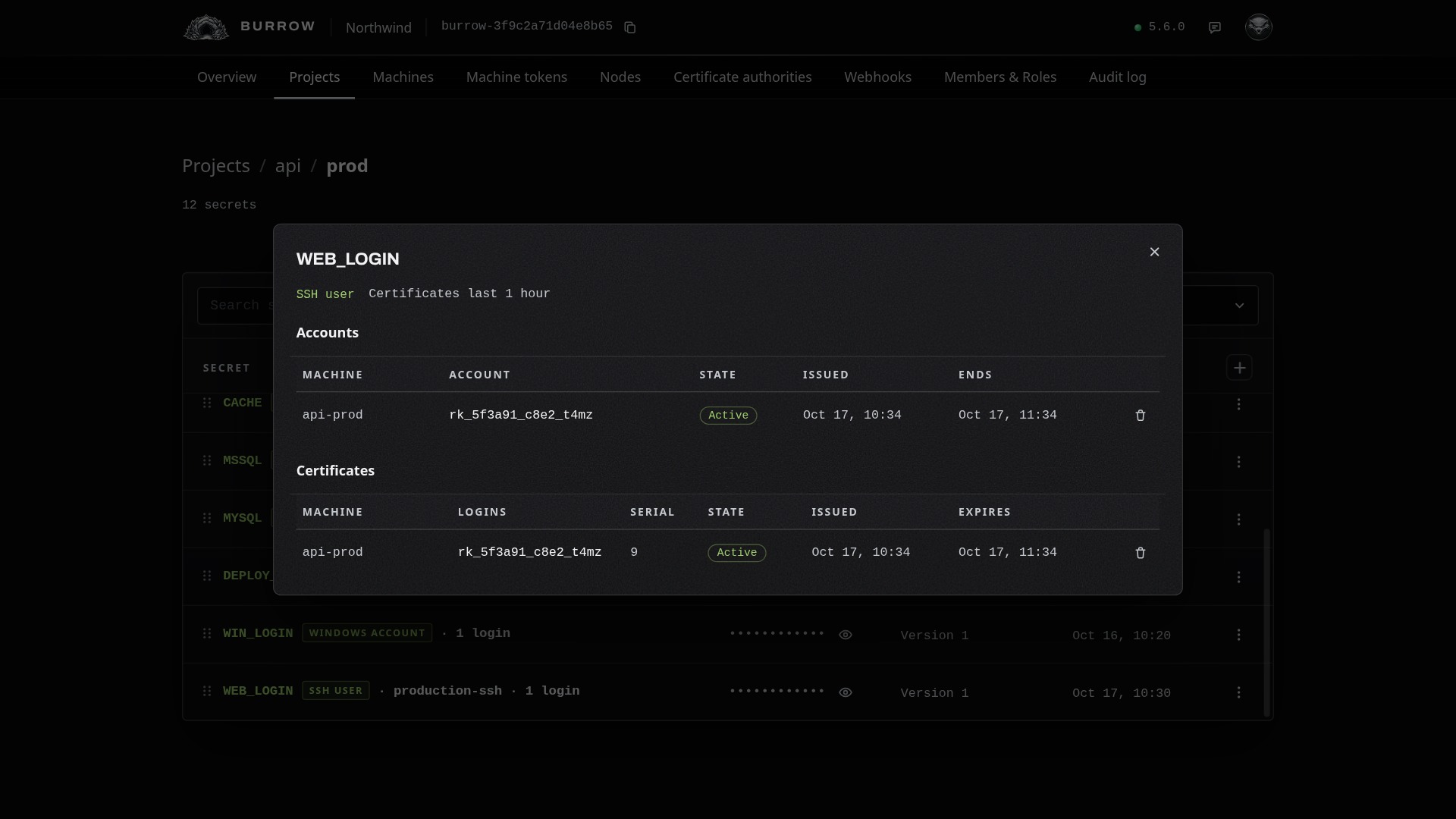 api-prod's account on web-01, and the certificate that names it.