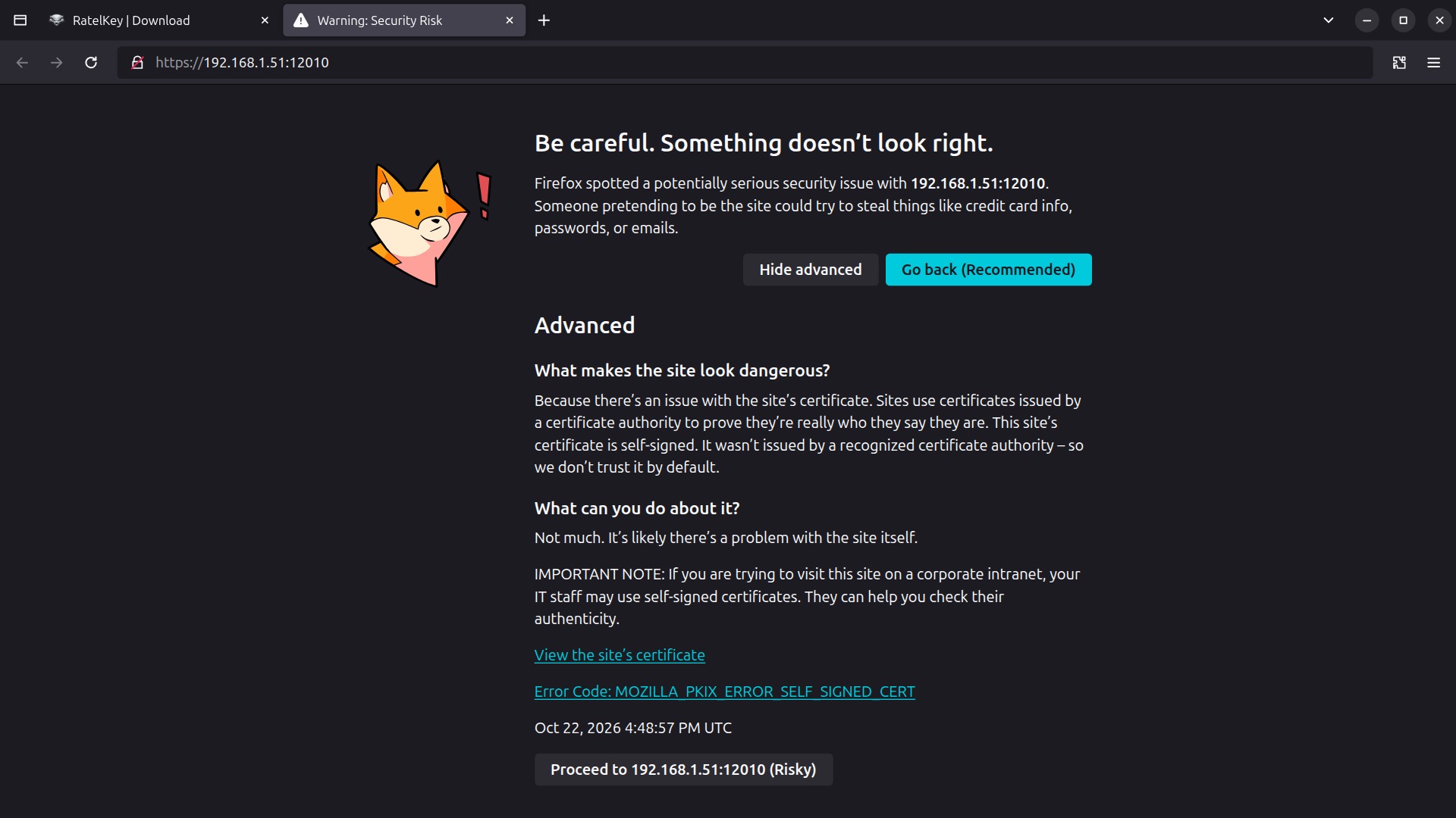 Firefox's warning for the Burrow's own certificate, with Advanced open.