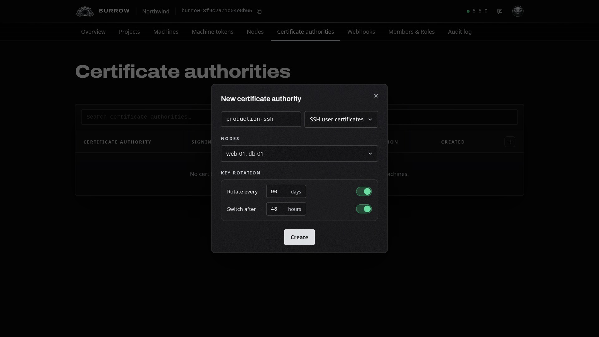 production-ssh for web-01 and db-01, rotating every 90 days.