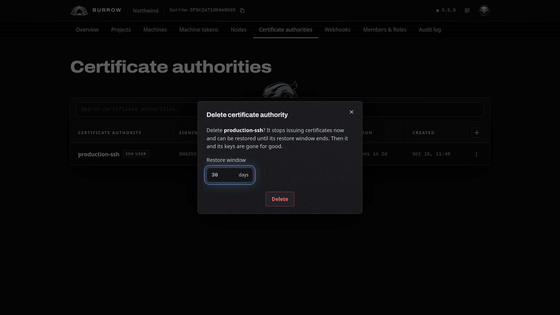Deleting asks how long it stays restorable.