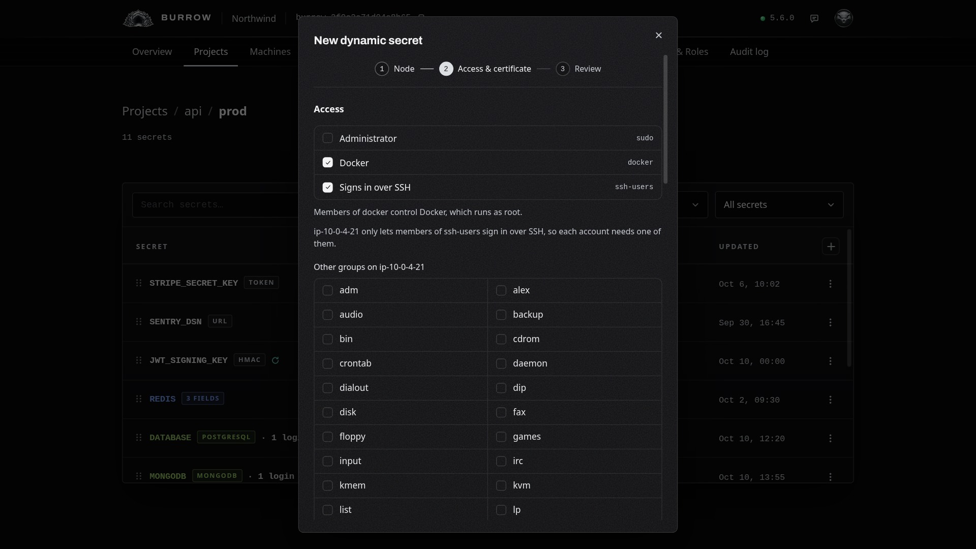 Docker, and ssh-users, which web-01's SSH server requires.