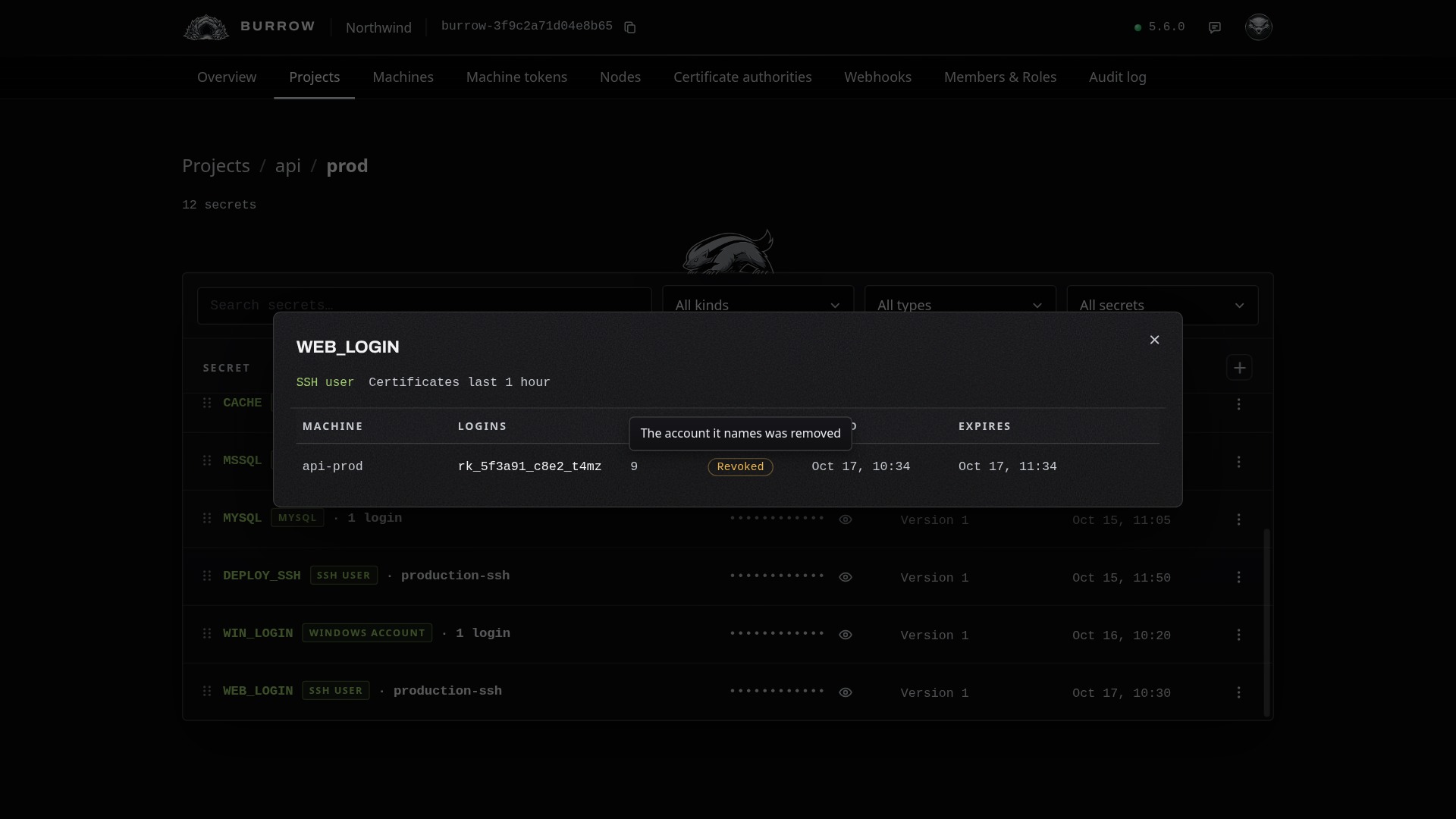 Revoked: the account it names was removed.