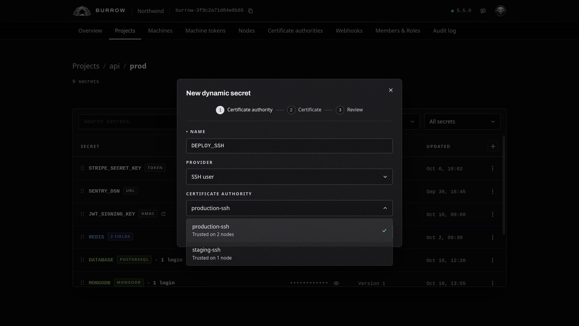 production-ssh, trusted on two nodes.