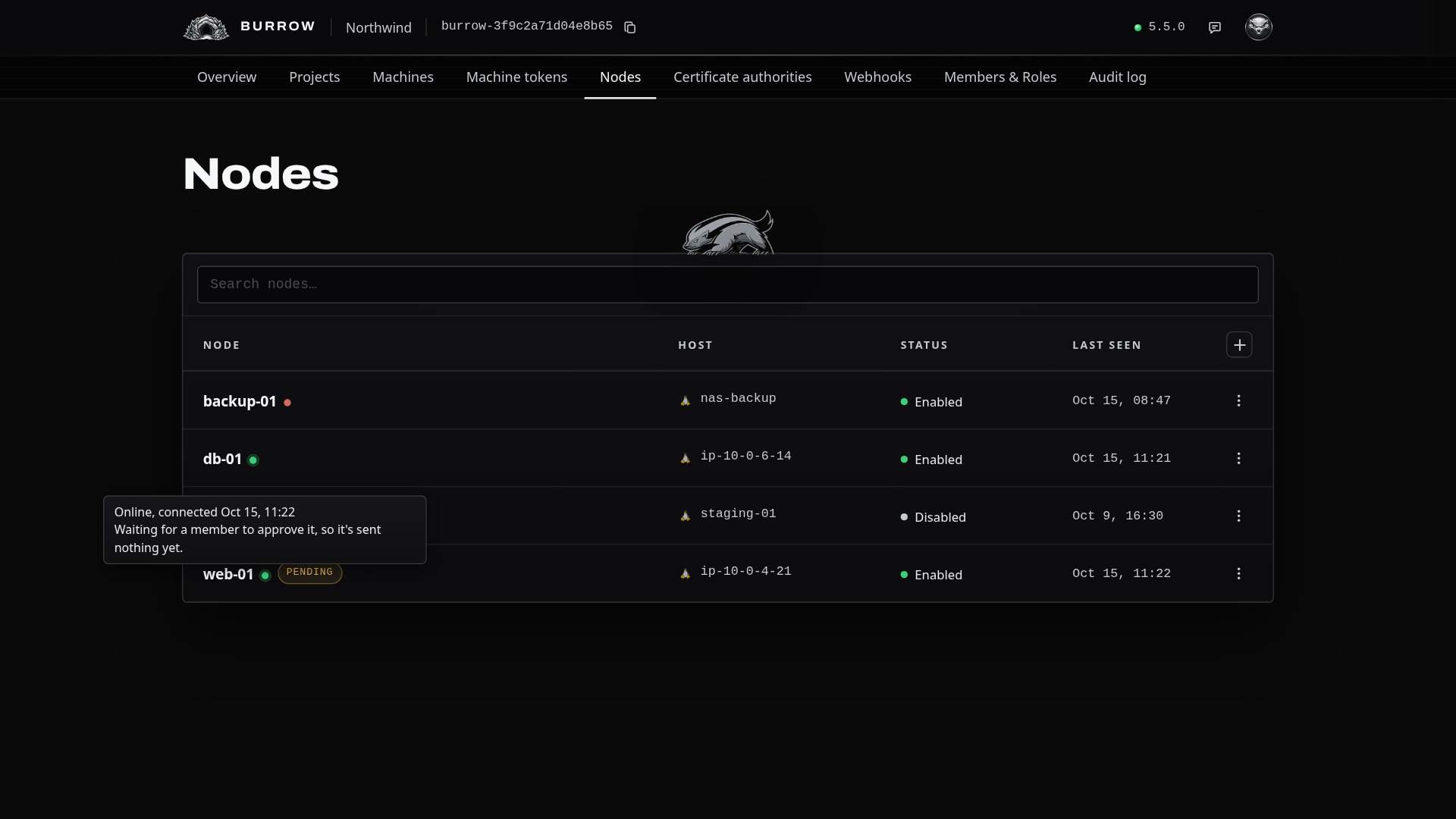 web-01, connected and waiting for approval.