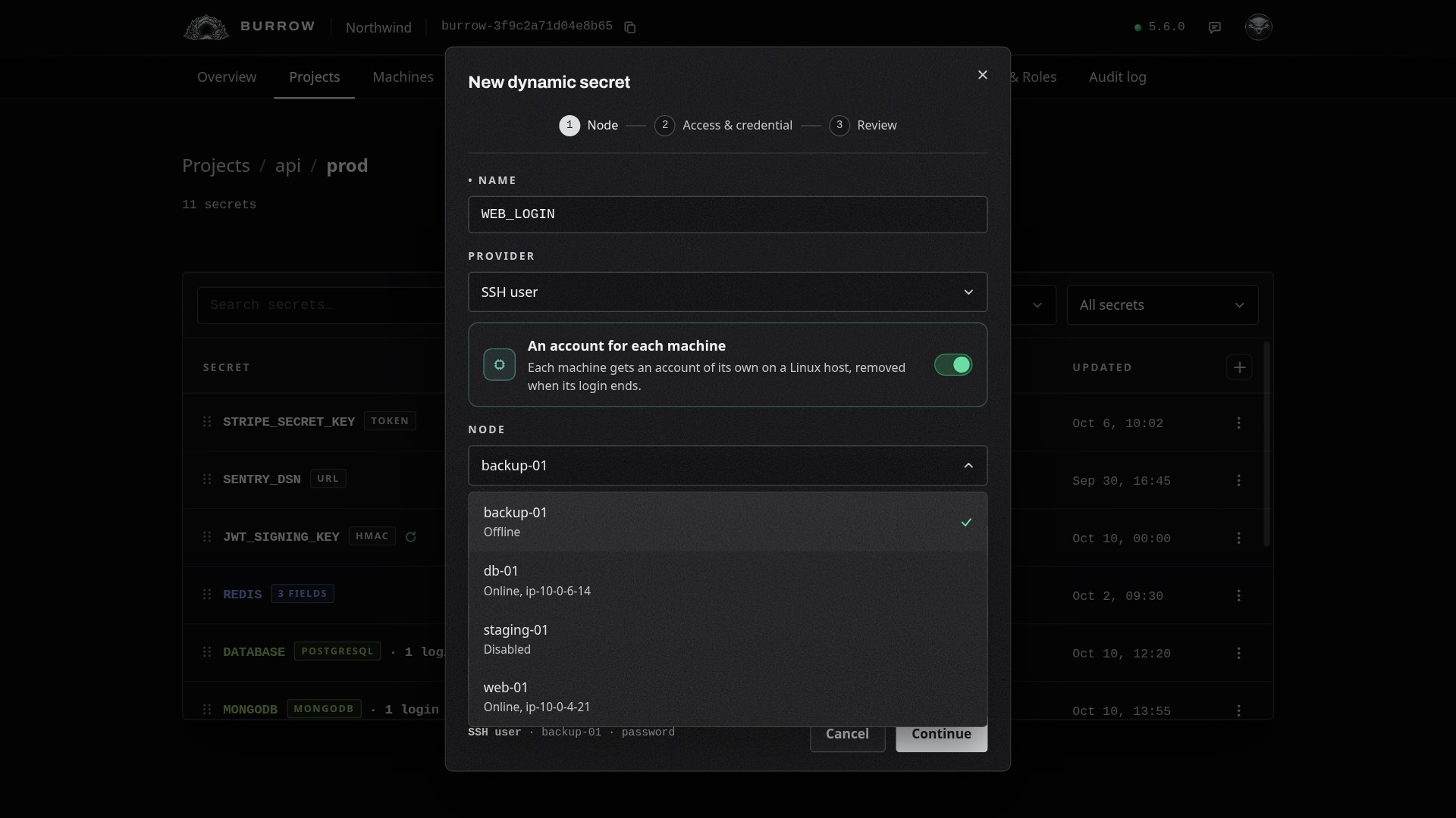 web-01 and db-01 are online, backup-01 offline, staging-01 disabled.