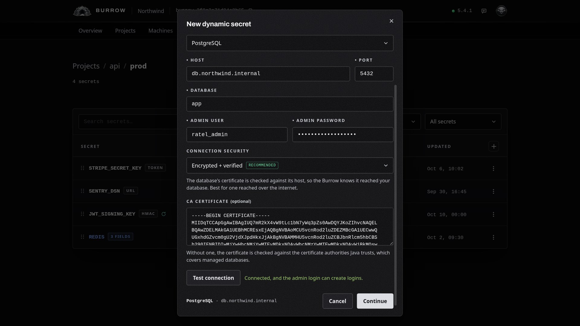 A database on Northwind's own CA: Encrypted + verified, with that CA pasted in.