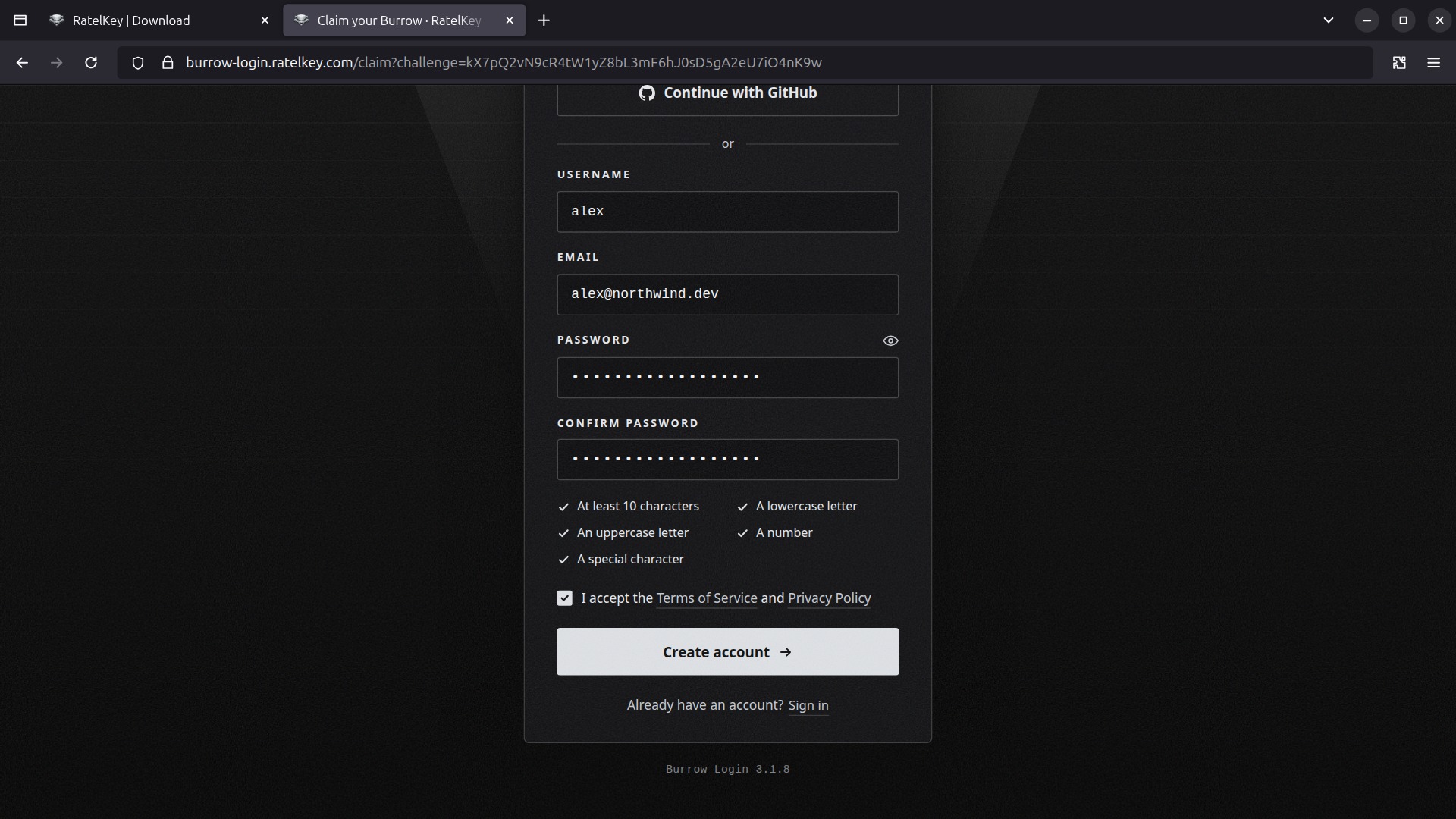 A new account, with every password check met.