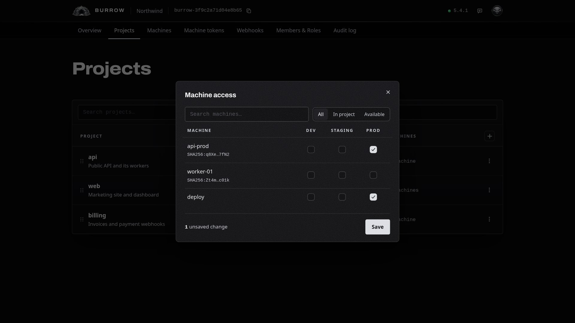Access is per environment group. Ticking PROD covers every production environment in the project.