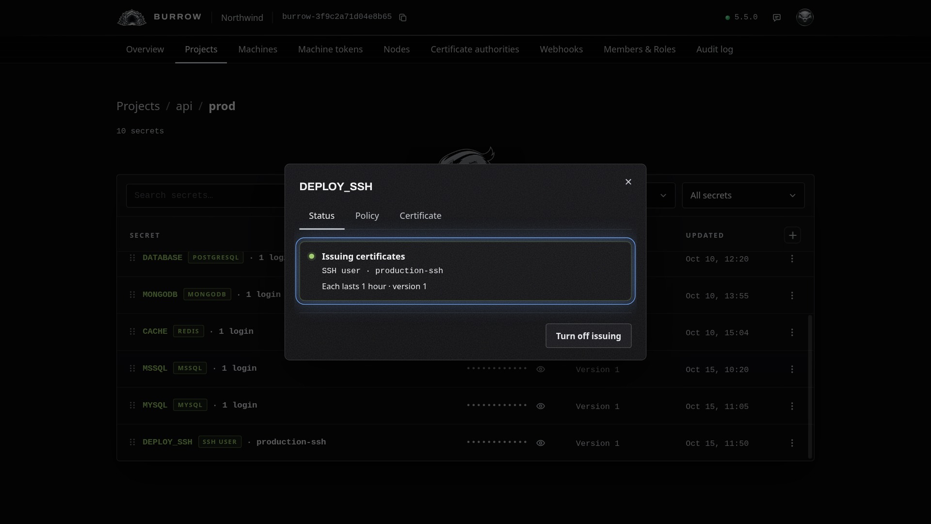 Issuing, signed by production-ssh.
