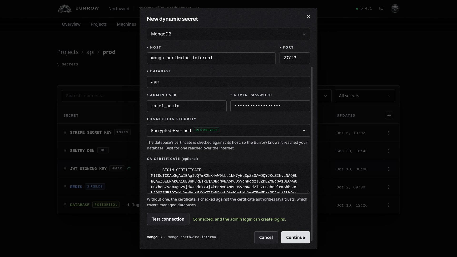 A MongoDB server on Northwind's own CA: Encrypted + verified, with that CA pasted in.